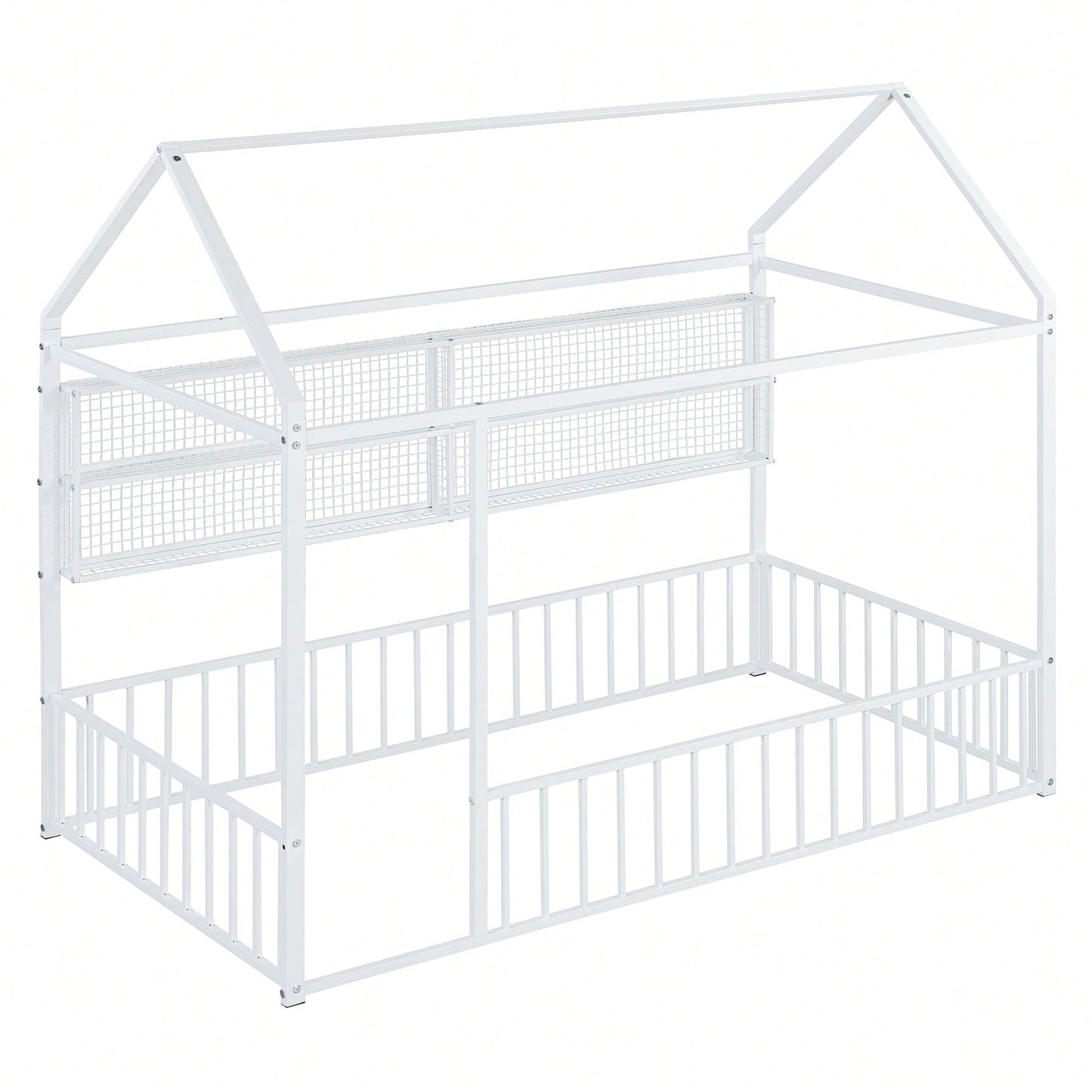 Twin Size Metal House Bed Frame With Fence And Storage Shelves In Black