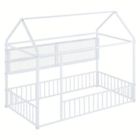 Twin Size Metal House Bed Frame With Fence And Storage Shelves In Black