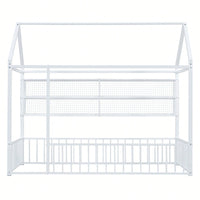 Twin Size Metal House Bed Frame With Fence And Storage Shelves In Black