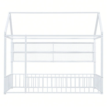 Twin Size Metal House Bed Frame With Fence And Storage Shelves In Black