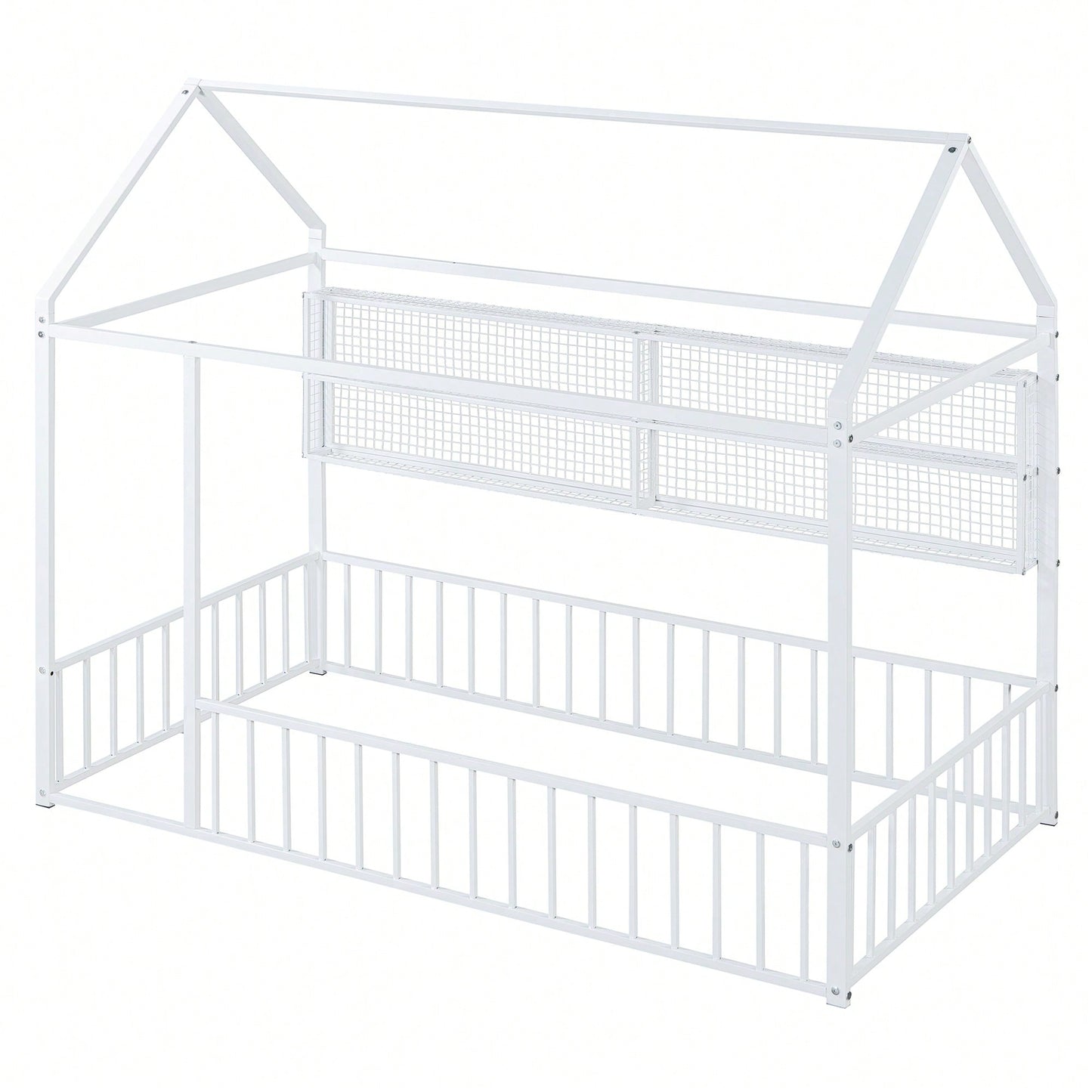 Twin Size Metal House Bed Frame With Fence And Storage Shelves In Black