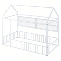 Twin Size Metal House Bed Frame With Fence And Storage Shelves In Black