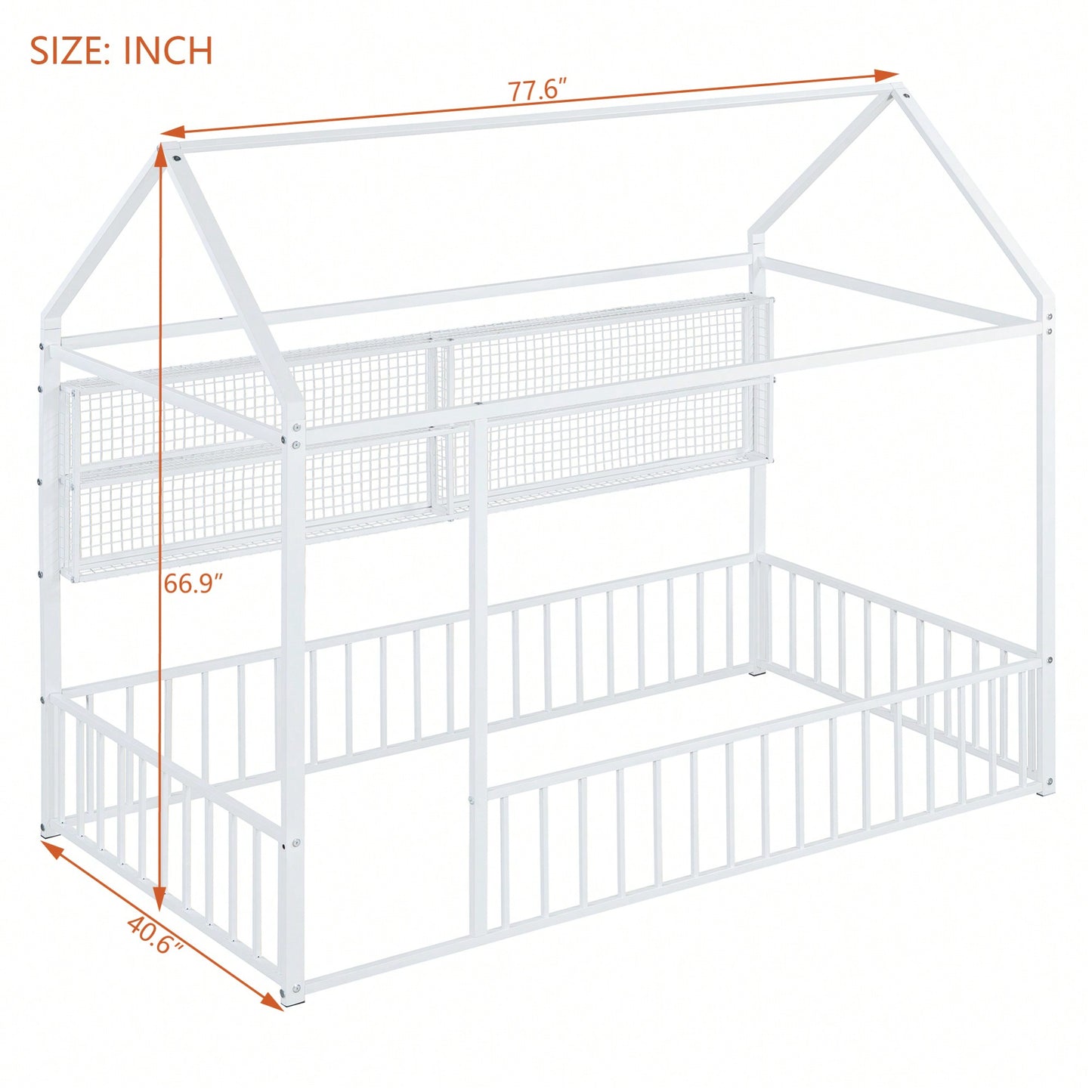 Twin Size Metal House Bed Frame With Fence And Storage Shelves In Black