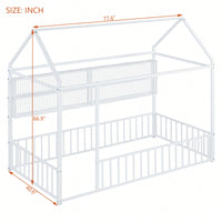 Twin Size Metal House Bed Frame With Fence And Storage Shelves In Black