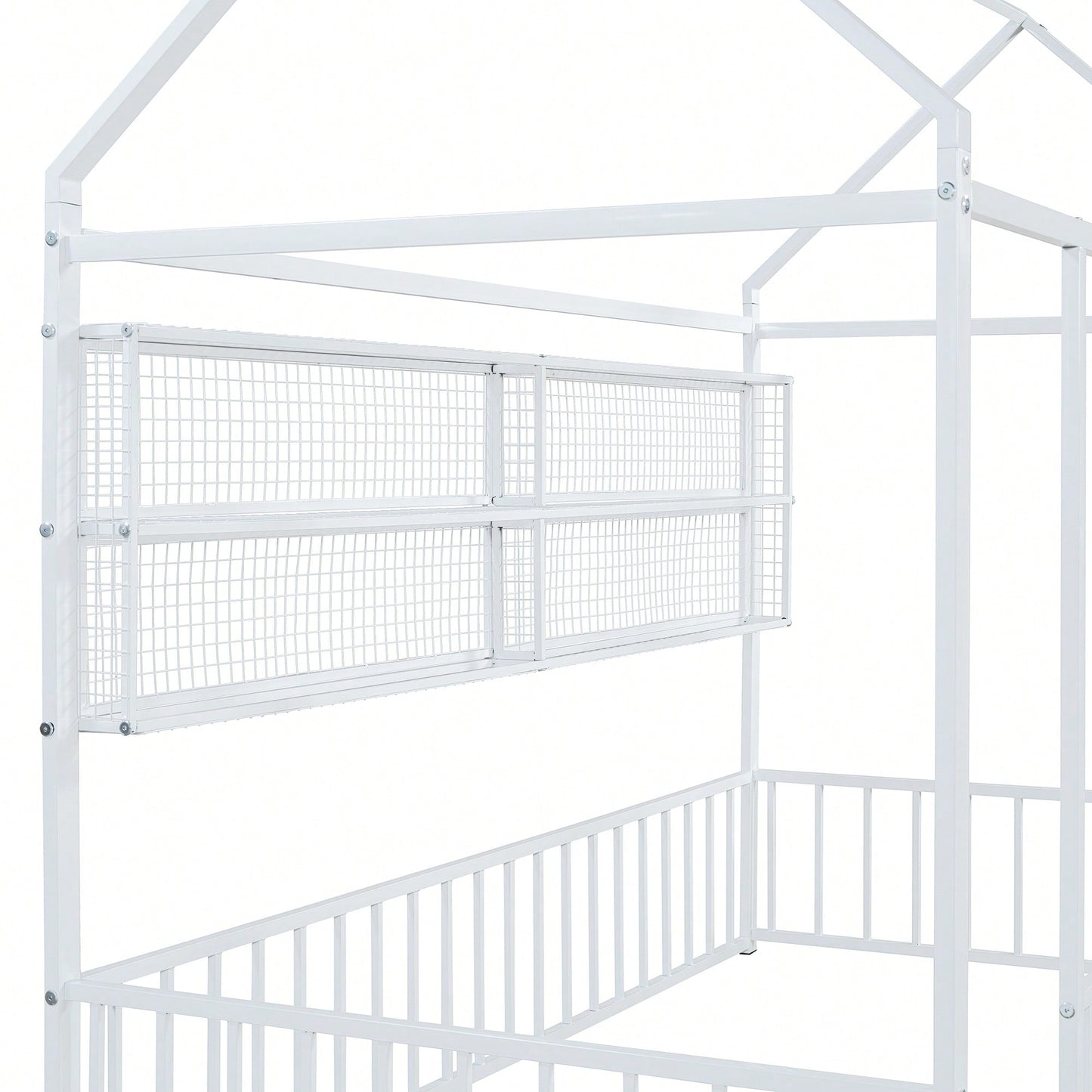 Twin Size Metal House Bed Frame With Fence And Storage Shelves In Black