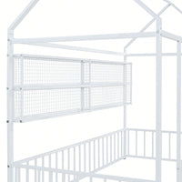 Twin Size Metal House Bed Frame With Fence And Storage Shelves In Black