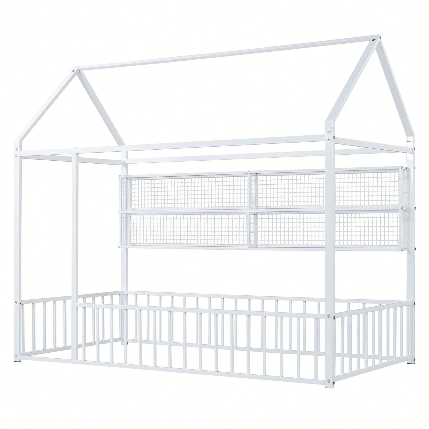 Twin Size Metal House Bed Frame With Fence And Storage Shelves In Black