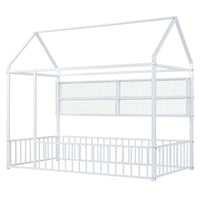 Twin Size Metal House Bed Frame With Fence And Storage Shelves In Black