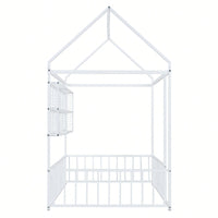 Twin Size Metal House Bed Frame With Fence And Storage Shelves In Black