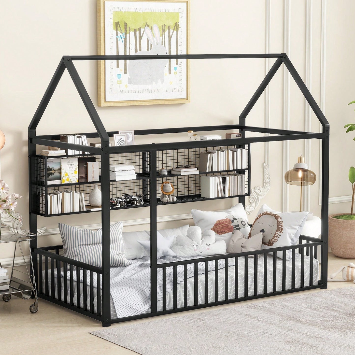 Twin Size Metal House Bed Frame With Fence And Storage Shelves In Black