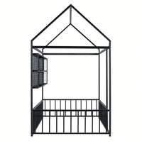 Twin Size Metal House Bed Frame With Fence And Storage Shelves In Black