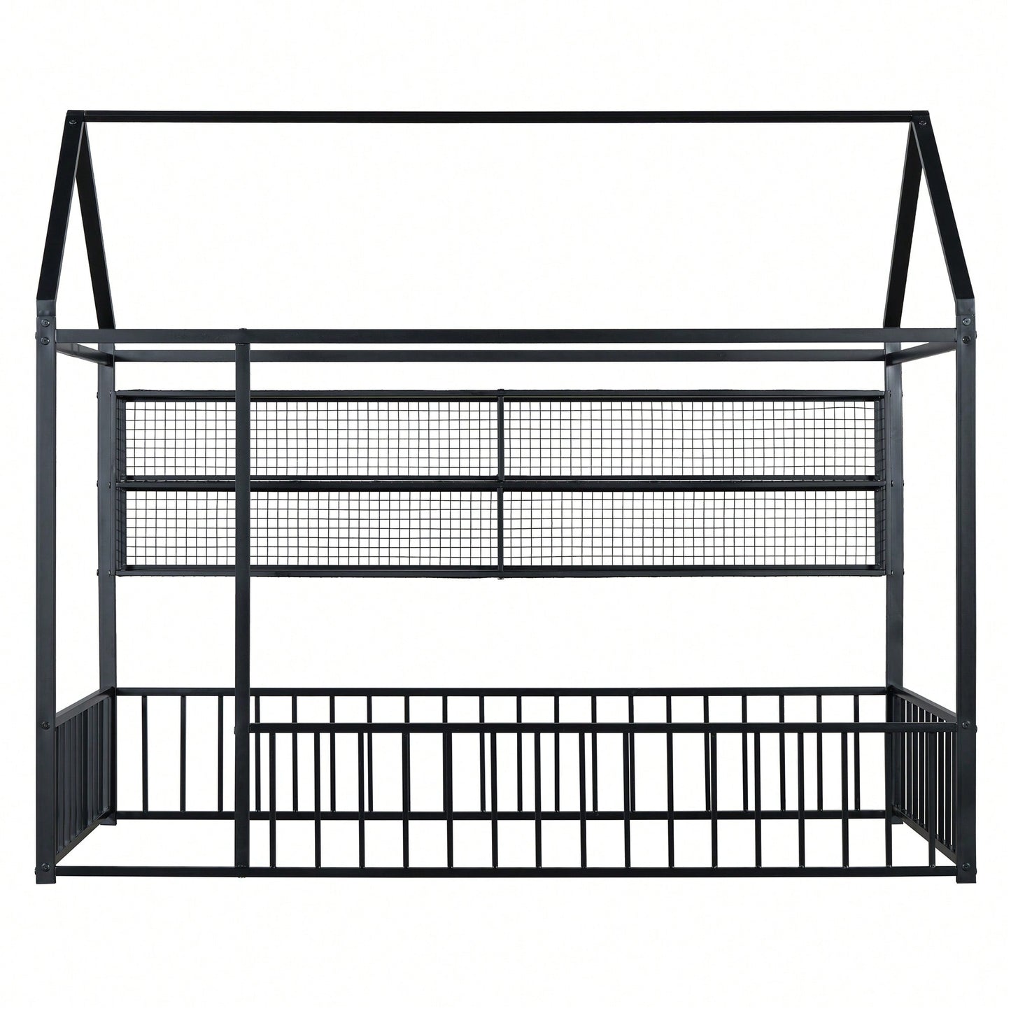 Twin Size Metal House Bed Frame With Fence And Storage Shelves In Black