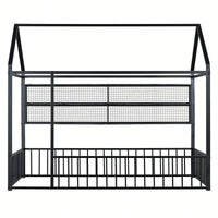 Twin Size Metal House Bed Frame With Fence And Storage Shelves In Black