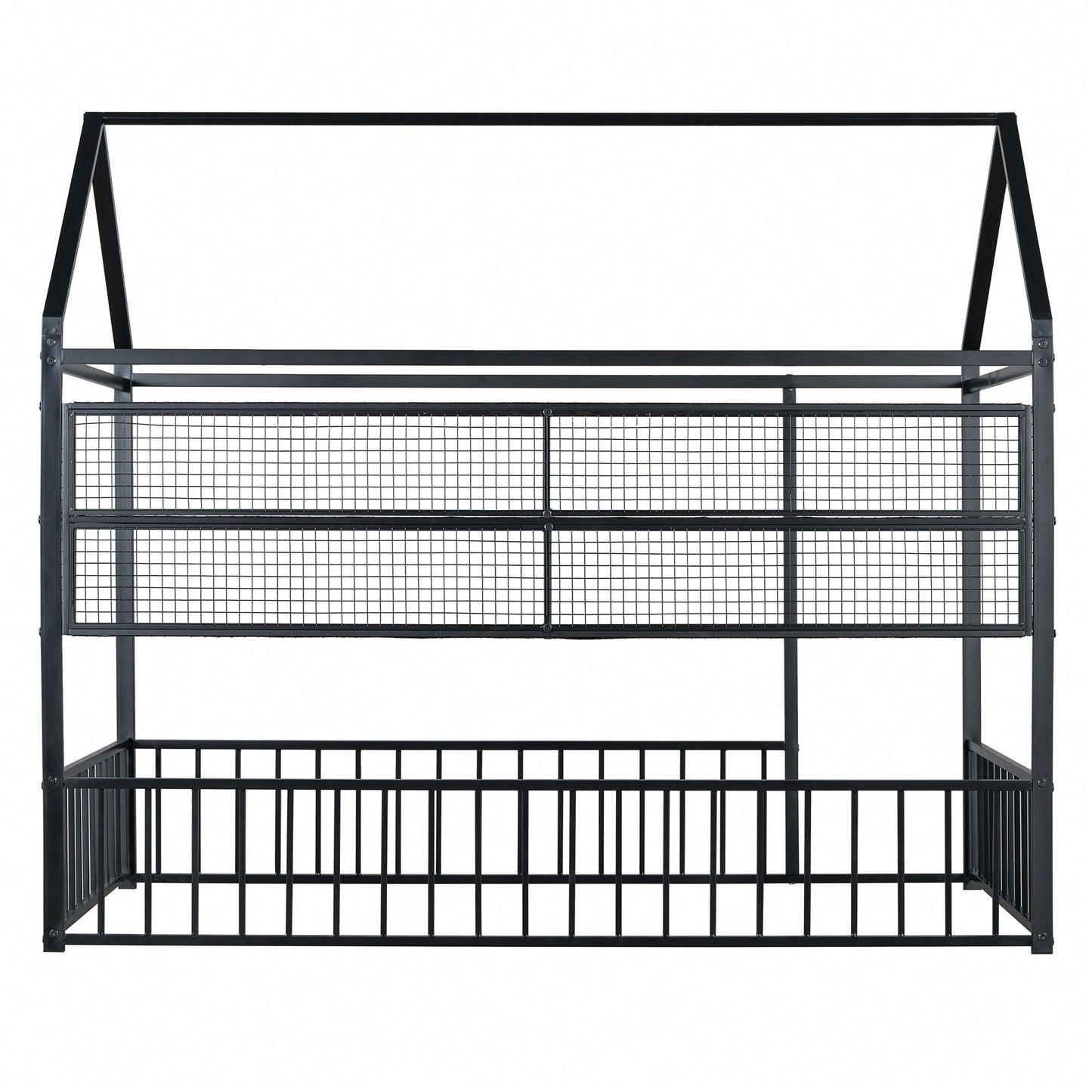 Twin Size Metal House Bed Frame With Fence And Storage Shelves In Black