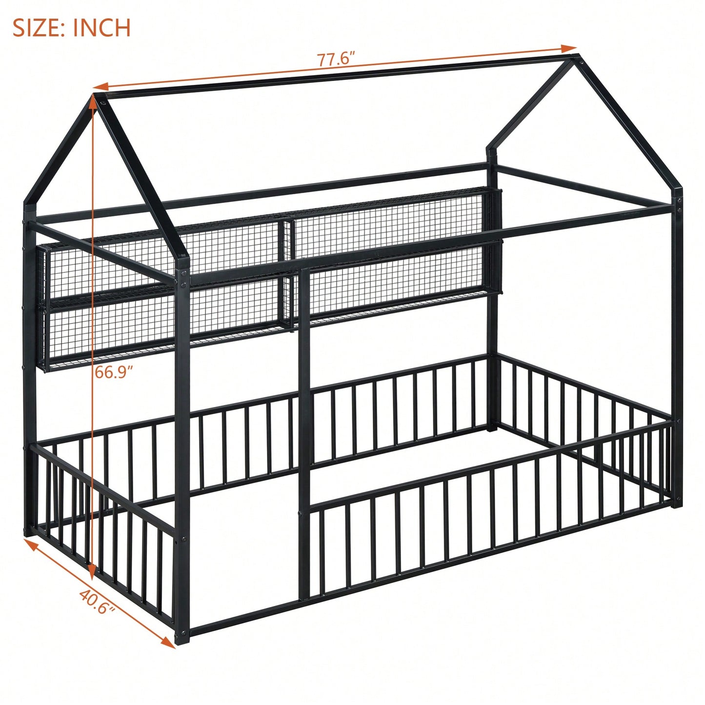 Twin Size Metal House Bed Frame With Fence And Storage Shelves In Black