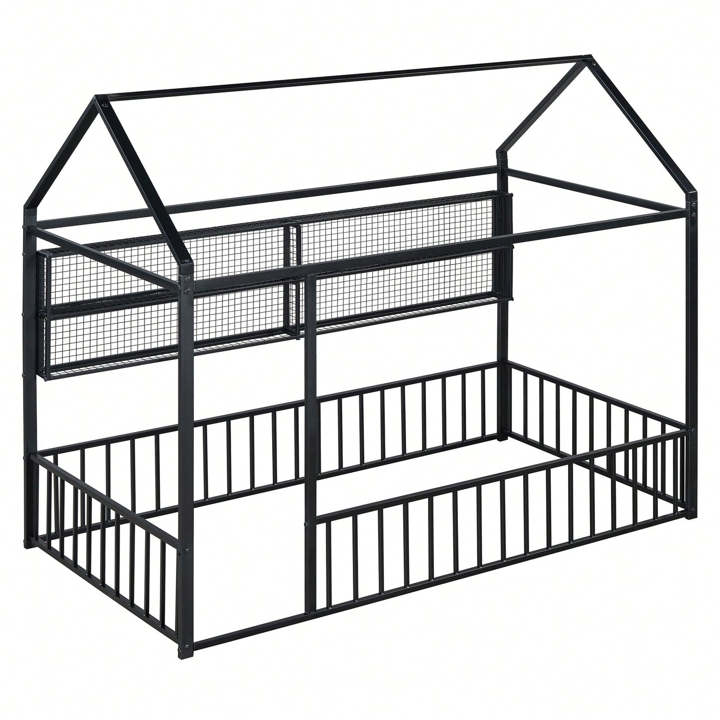 Twin Size Metal House Bed Frame With Fence And Storage Shelves In Black