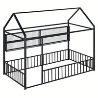 Twin Size Metal House Bed Frame With Fence And Storage Shelves In Black