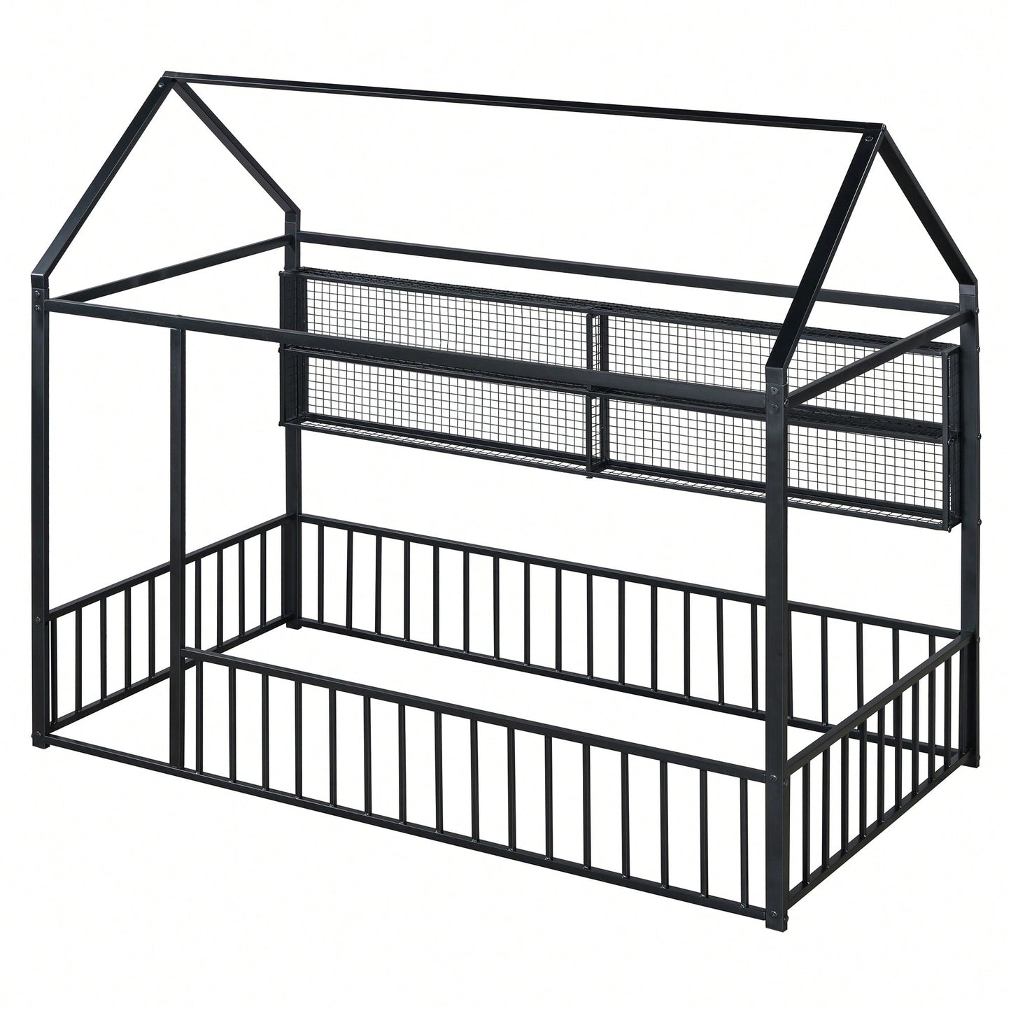 Twin Size Metal House Bed Frame With Fence And Storage Shelves In Black