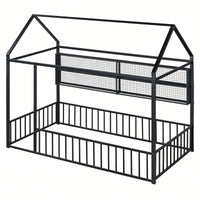 Twin Size Metal House Bed Frame With Fence And Storage Shelves In Black