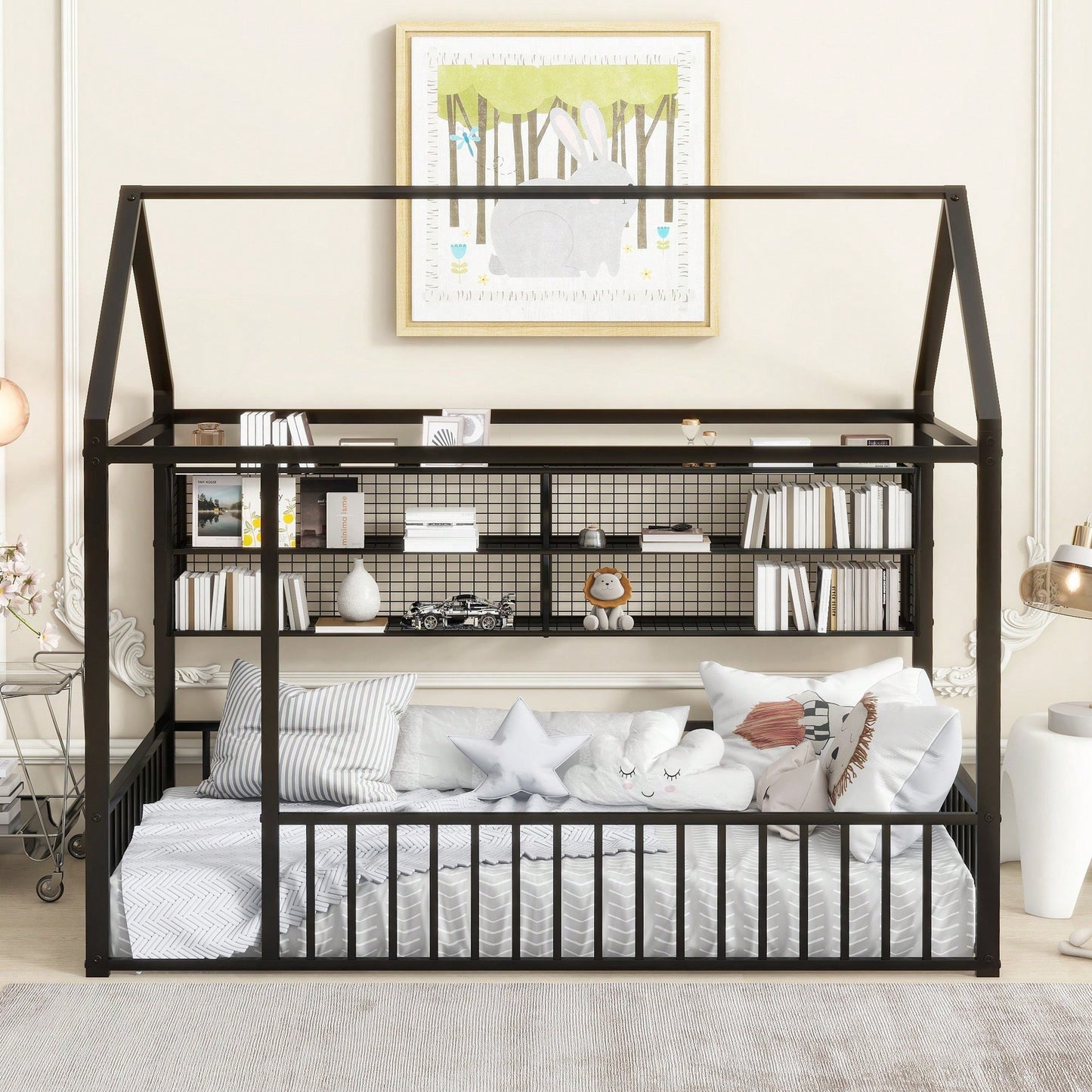 Twin Size Metal House Bed Frame With Fence And Storage Shelves In Black