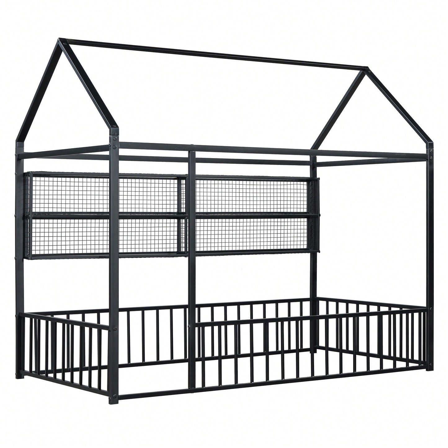 Twin Size Metal House Bed Frame With Fence And Storage Shelves In Black