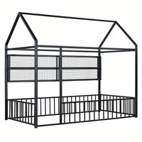 Twin Size Metal House Bed Frame With Fence And Storage Shelves In Black