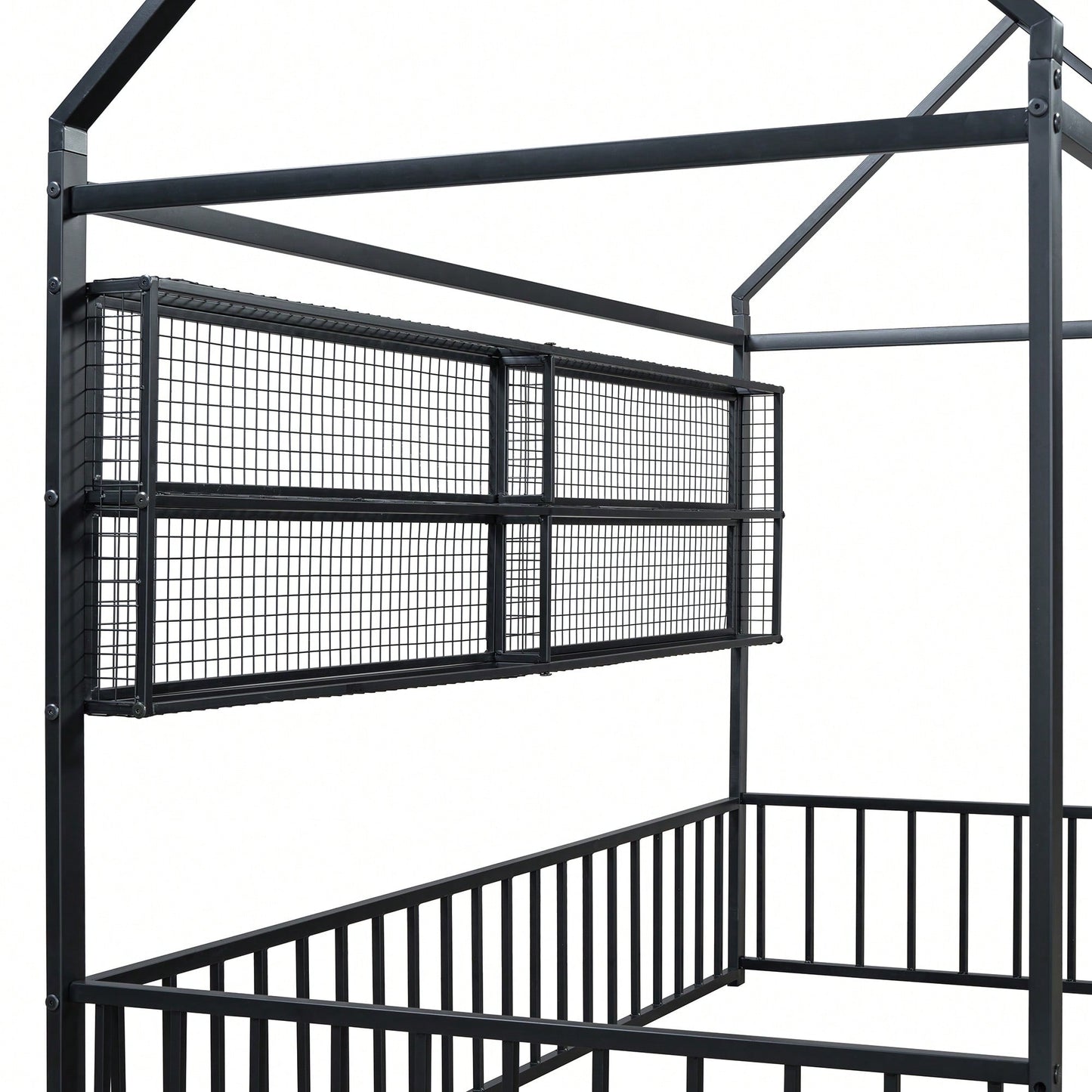 Twin Size Metal House Bed Frame With Fence And Storage Shelves In Black