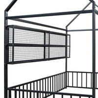 Twin Size Metal House Bed Frame With Fence And Storage Shelves In Black