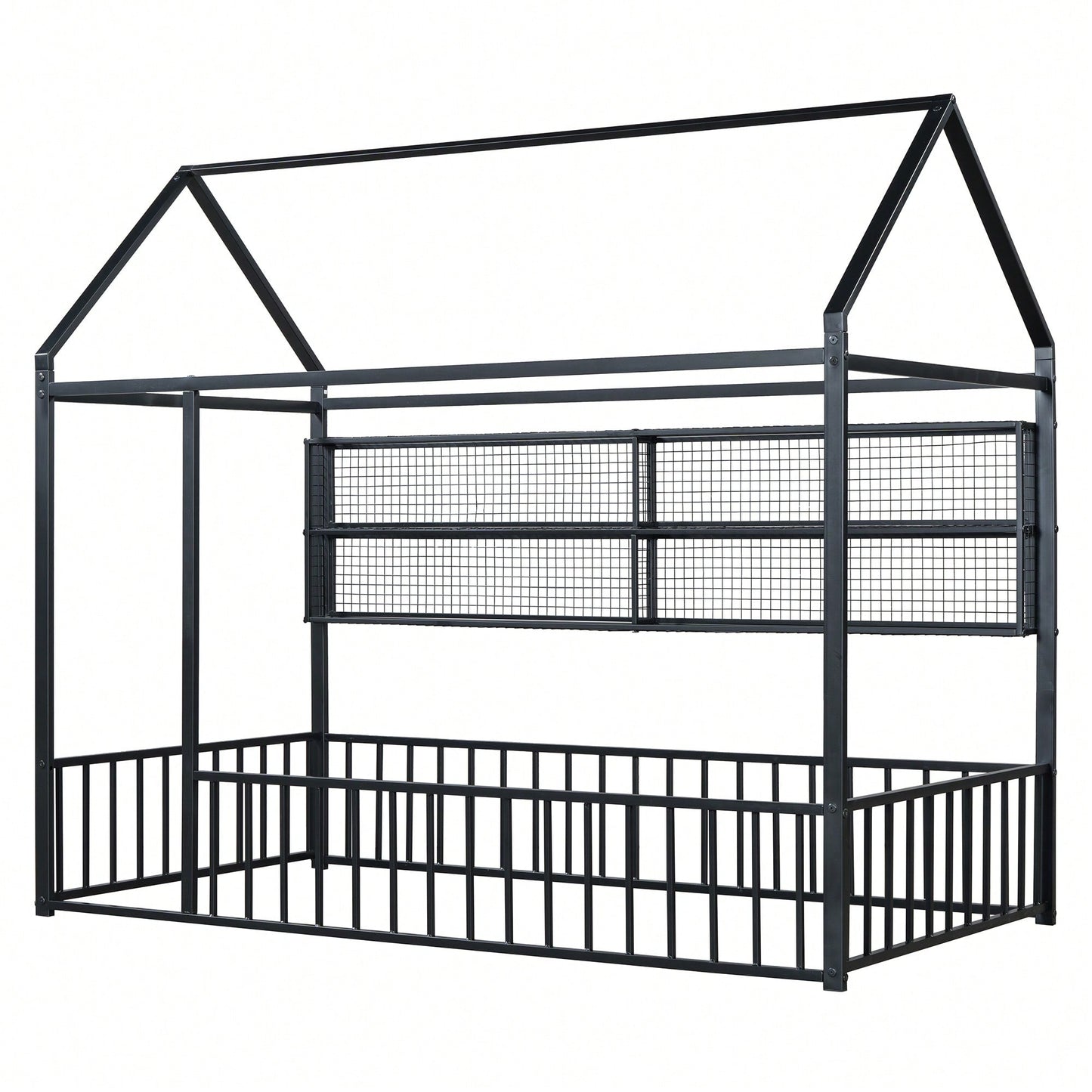 Twin Size Metal House Bed Frame With Fence And Storage Shelves In Black