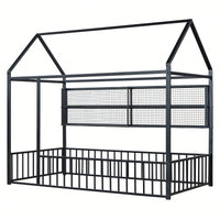 Twin Size Metal House Bed Frame With Fence And Storage Shelves In Black