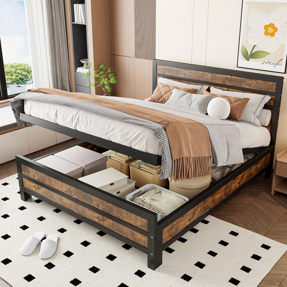 Stylish Black Metal Queen Size Platform Bed With Under-Bed Storage Solutions