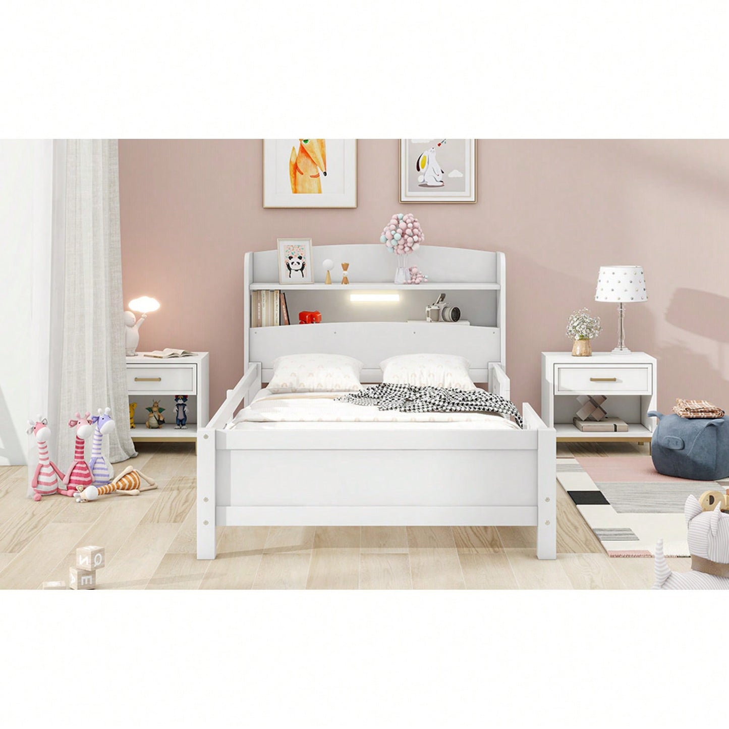 Twin Size Platform Bed With LED Lighting Storage Headboard And Safety Guardrail White