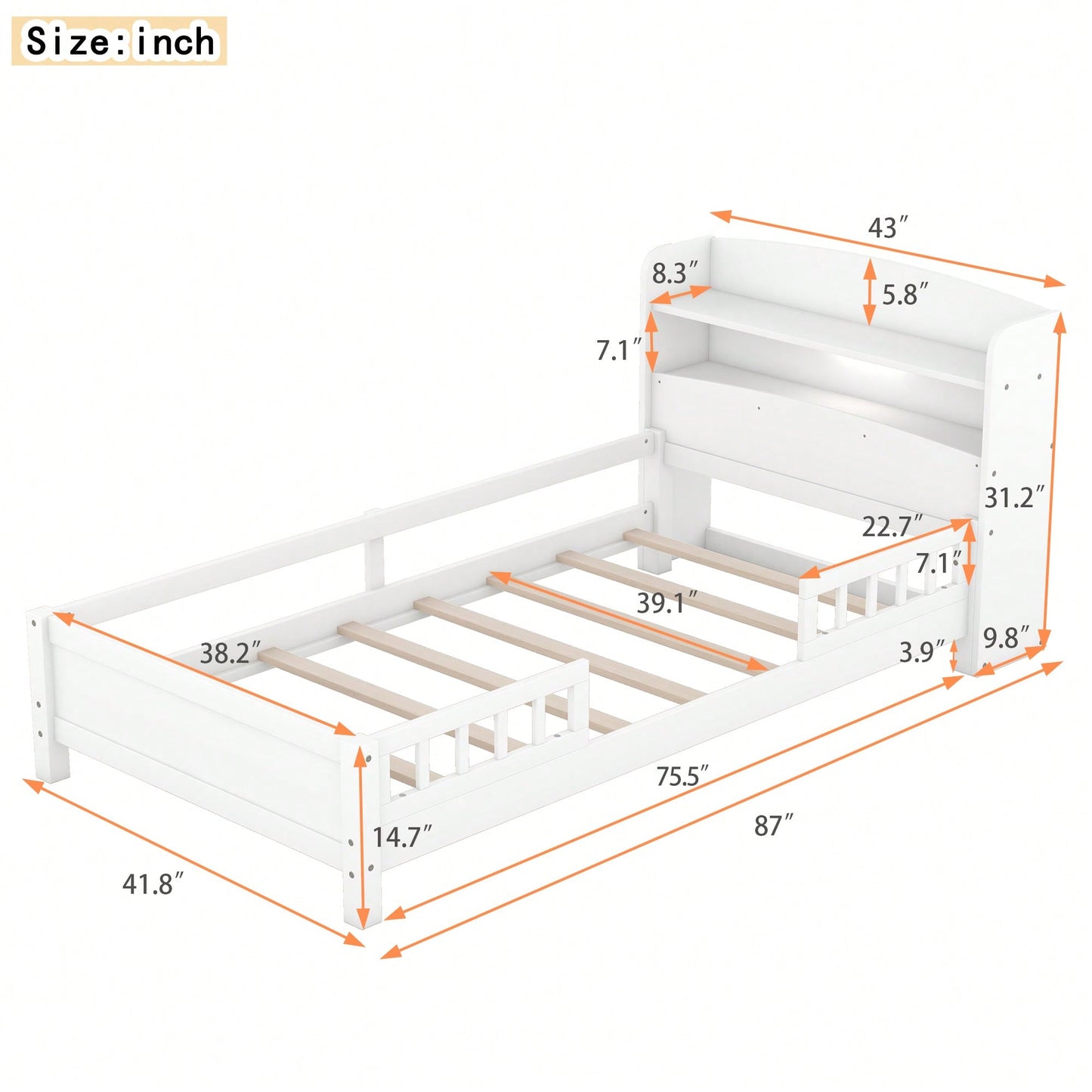 Twin Size Platform Bed With LED Lighting Storage Headboard And Safety Guardrail White