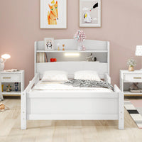 Twin Size Platform Bed With LED Lighting Storage Headboard And Safety Guardrail White