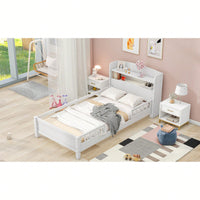 Twin Size Platform Bed With LED Lighting Storage Headboard And Safety Guardrail White