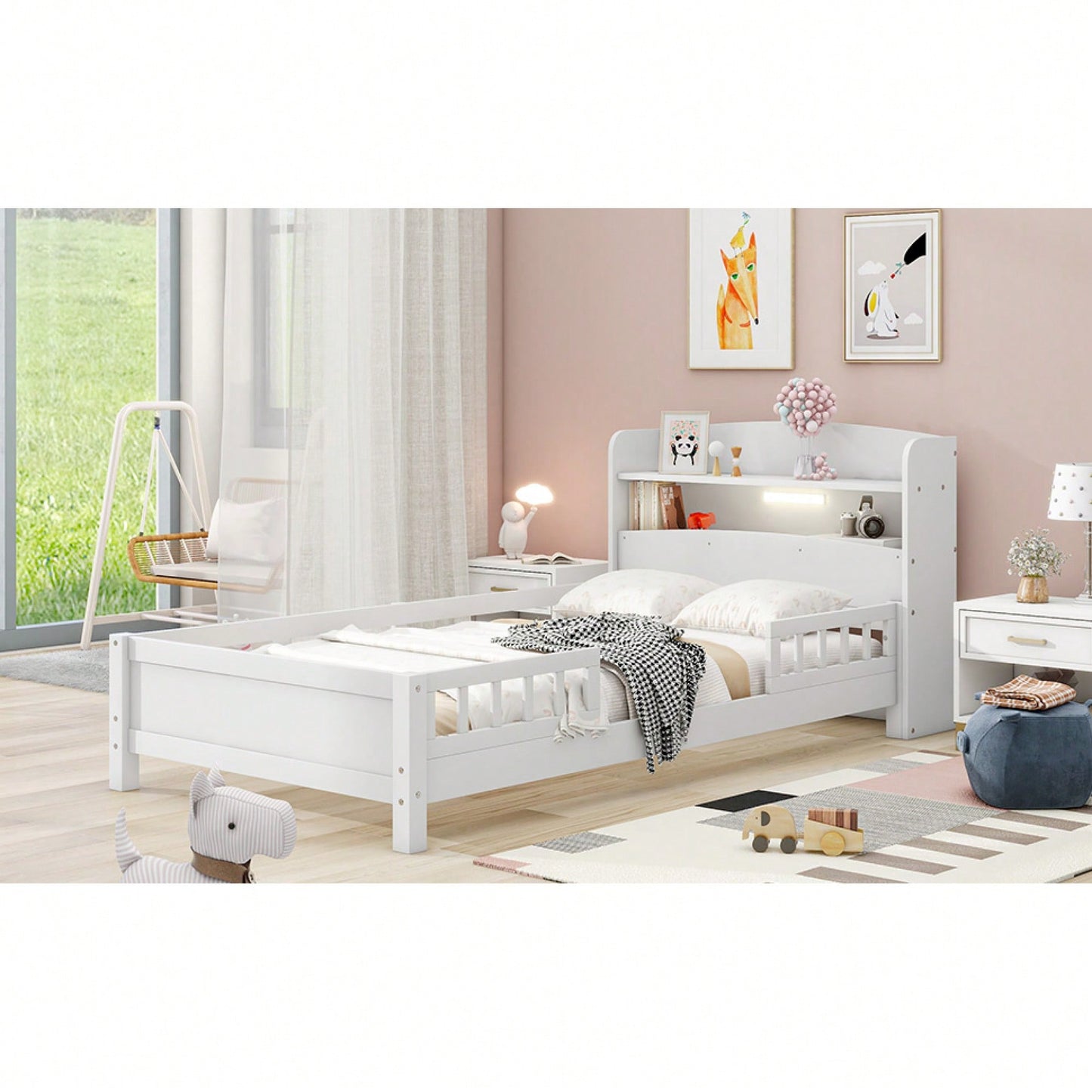 Twin Size Platform Bed With LED Lighting Storage Headboard And Safety Guardrail White