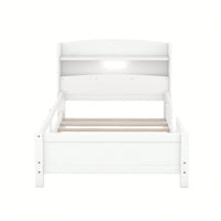 Twin Size Platform Bed With LED Lighting Storage Headboard And Safety Guardrail White