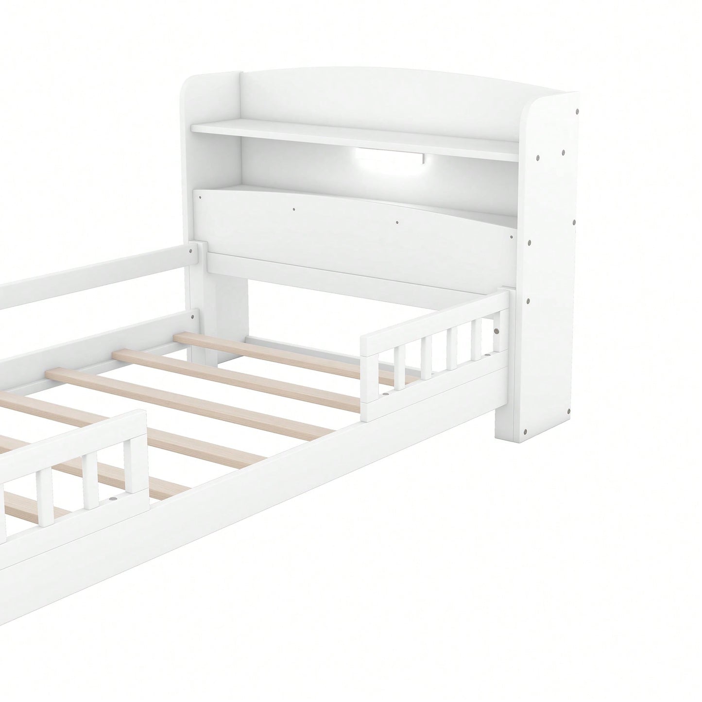 Twin Size Platform Bed With LED Lighting Storage Headboard And Safety Guardrail White