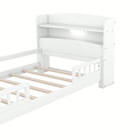 Twin Size Platform Bed With LED Lighting Storage Headboard And Safety Guardrail White