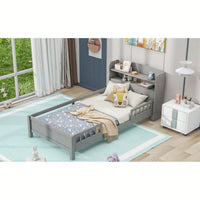 Twin Size Platform Bed With LED Lighting Storage Headboard And Safety Guardrail White