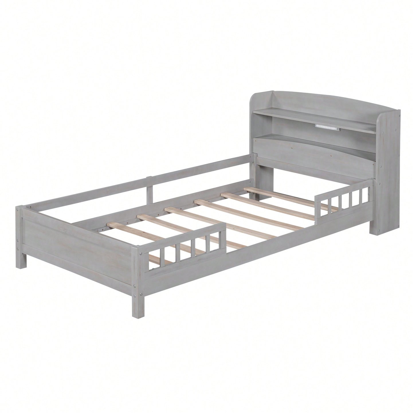 Twin Size Platform Bed With LED Lighting Storage Headboard And Safety Guardrail White