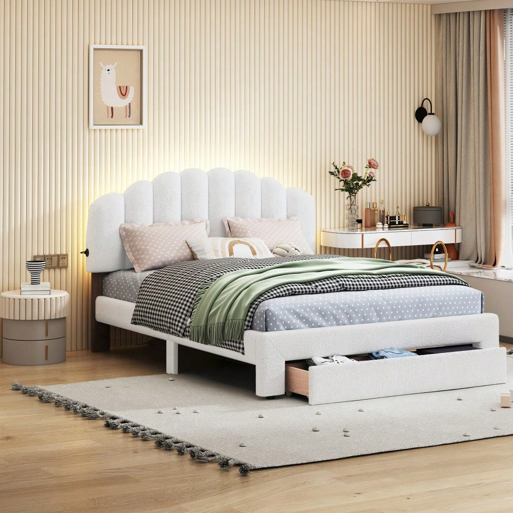 Queen Size Upholstered Platform Bed With Storage Drawer In Beige