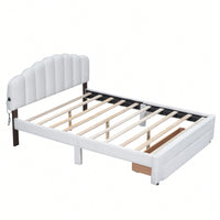 Queen Size Upholstered Platform Bed With Storage Drawer In Beige