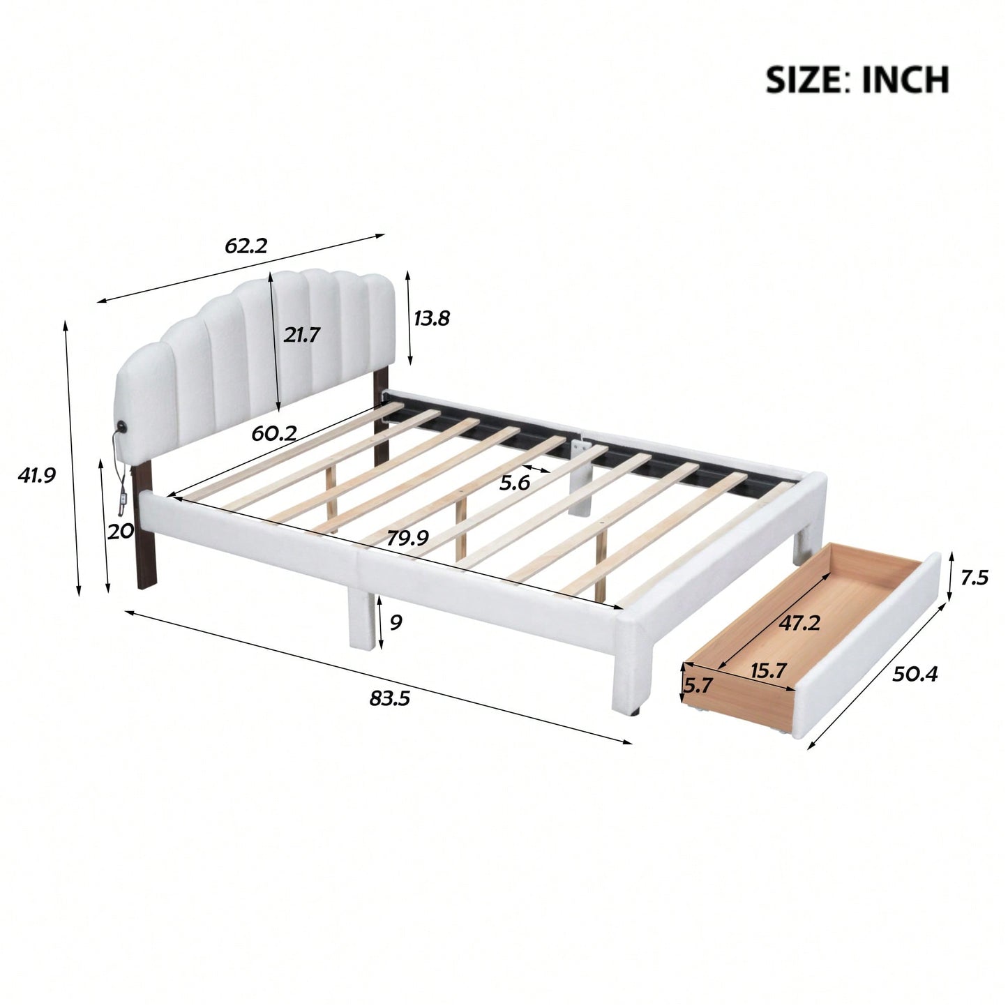 Queen Size Upholstered Platform Bed With Storage Drawer In Beige