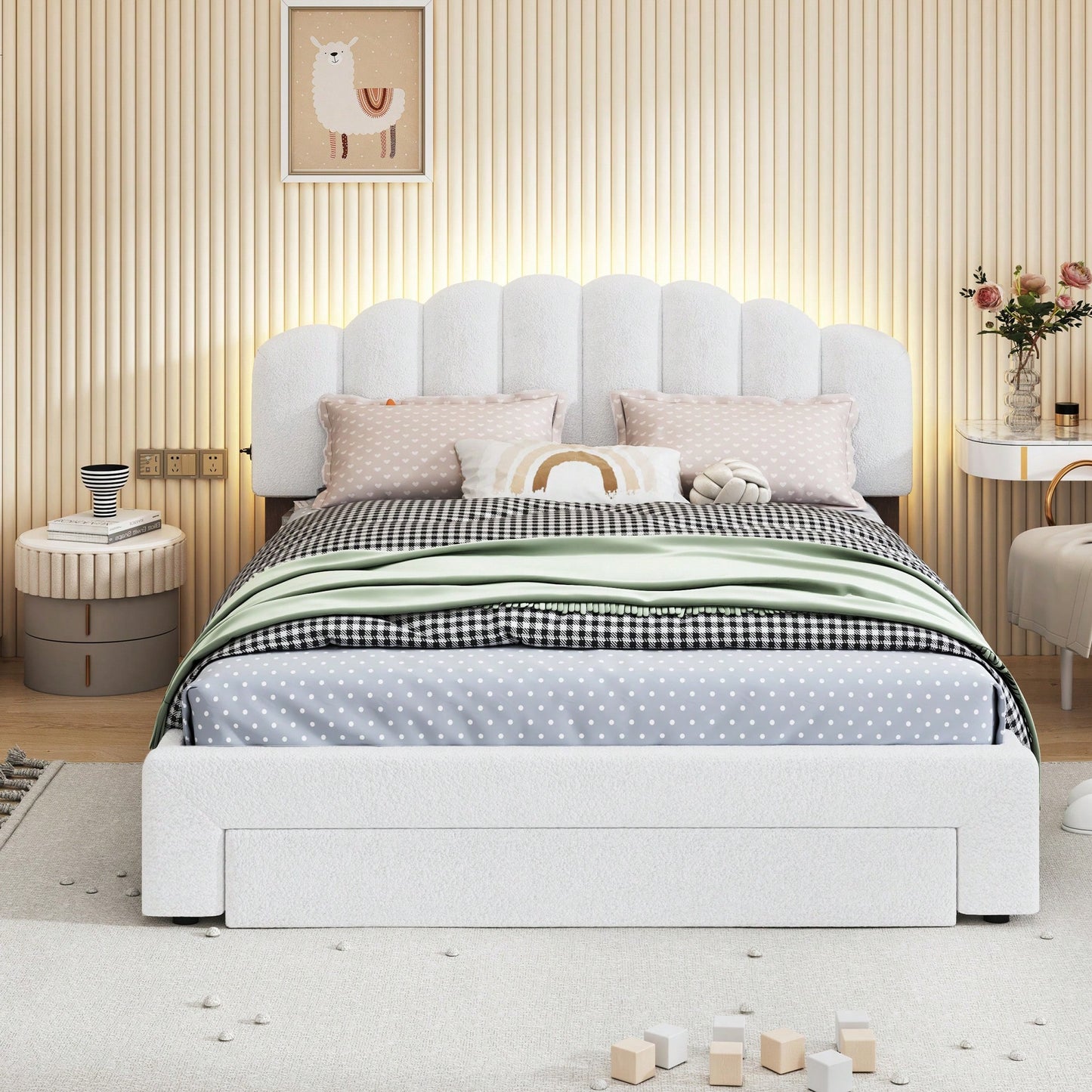 Queen Size Upholstered Platform Bed With Storage Drawer In Beige