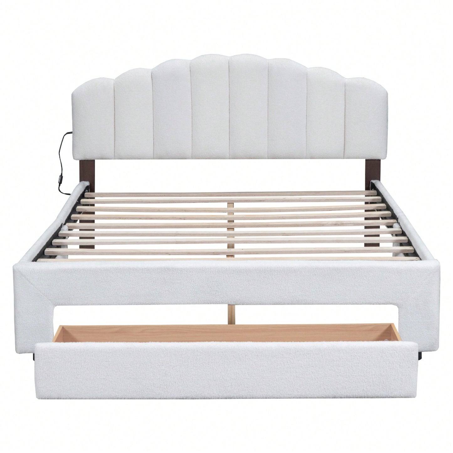 Queen Size Upholstered Platform Bed With Storage Drawer In Beige