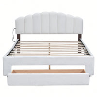 Queen Size Upholstered Platform Bed With Storage Drawer In Beige