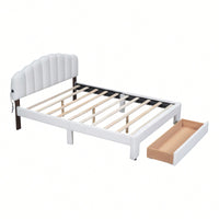 Queen Size Upholstered Platform Bed With Storage Drawer In Beige