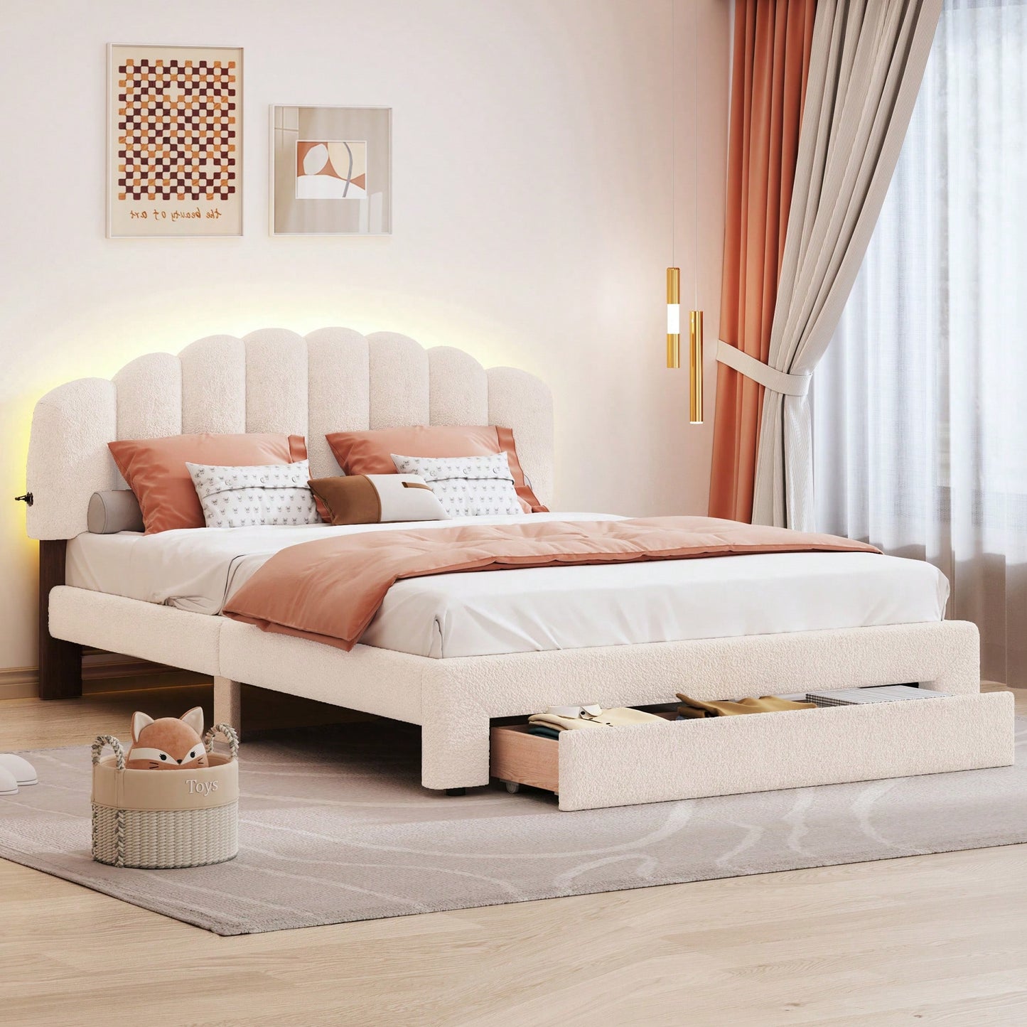 Queen Size Upholstered Platform Bed With Storage Drawer In Beige