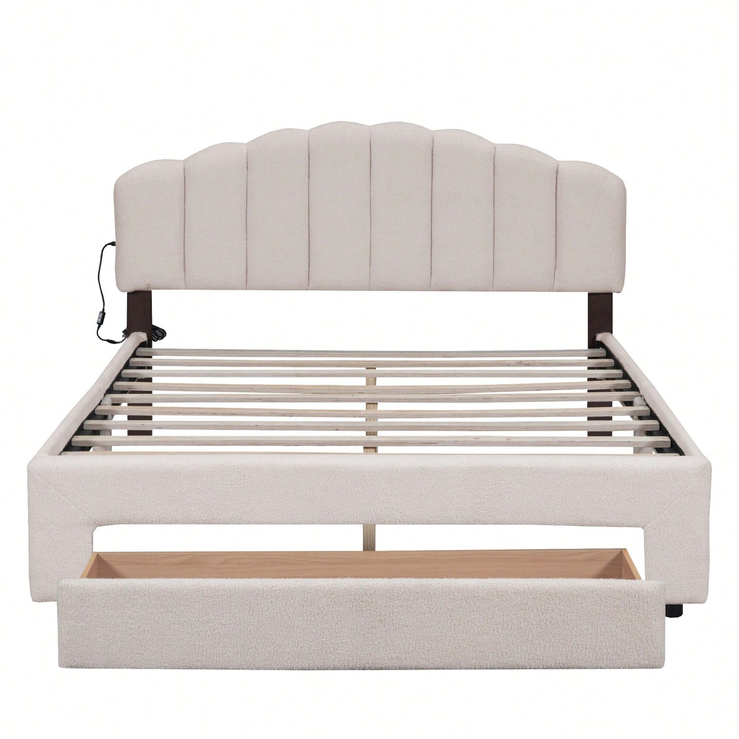 Queen Size Upholstered Platform Bed With Storage Drawer In Beige